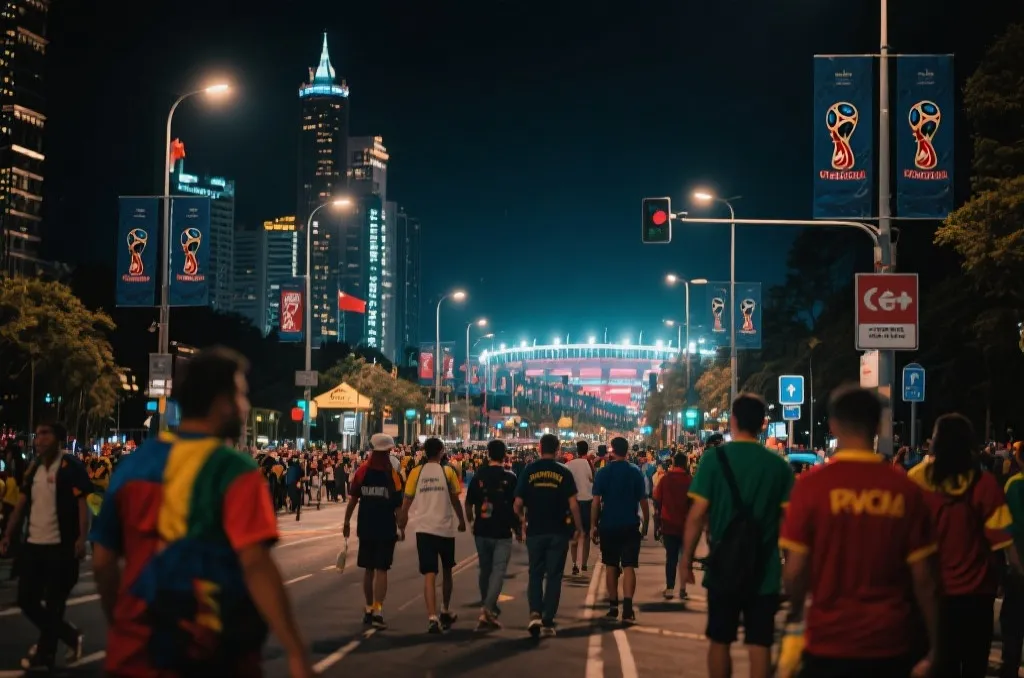 球迷在世界杯城市中旅行与观赛的夜景氛围